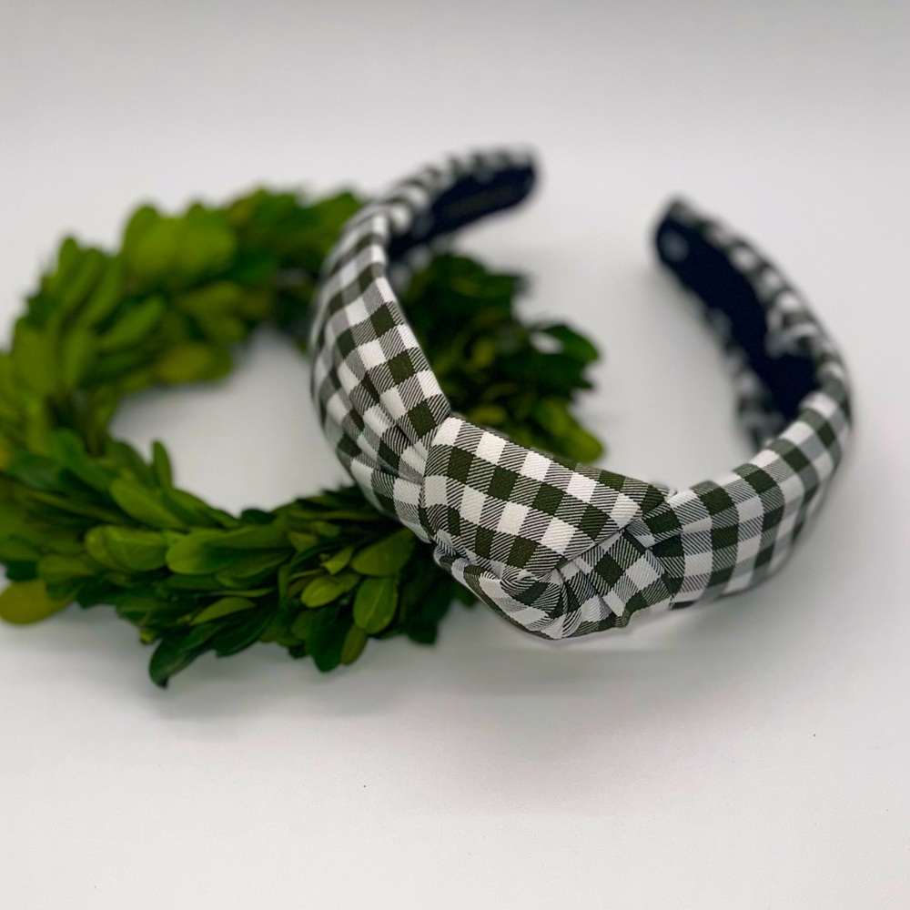 Lele Sadoughi Classic Knot Headband in Dark Green and White Gingham